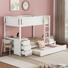 a white bunk bed sitting next to a desk and chair in a room with pink walls