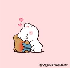 a white bear hugging a teddy bear on top of a pink background with hearts above it