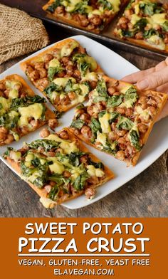 sweet potato pizza crust with vegan, gluten - free cheese and spinach