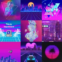 the collage shows different types of neon colors and graphics, including an image of a woman in a futuristic city
