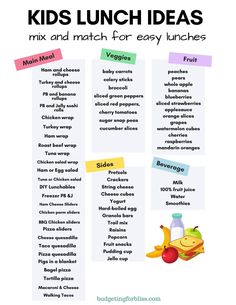 kids lunch ideas list with the words, mix and match for easy lunches