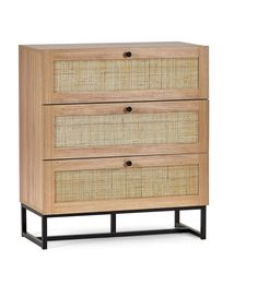 an image of a wooden dresser with wicker drawers on it's front and sides