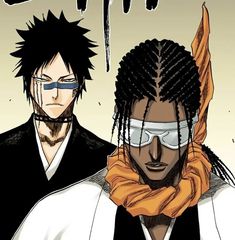 two anime characters one with dreadlocks and the other with glasses on his head