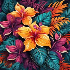 colorful tropical flowers and leaves on a black background with red, orange, yellow and blue colors