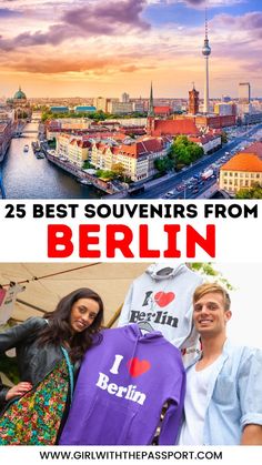 two people standing next to each other with the text 25 best souvenirs from berlin