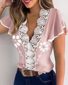 Women Lace Blouse, Ruffle T Shirt, Tops For Women Casual, Lace Trim Top, Lace Print, Womens Tops Summer, Trend Fashion, Floral Print Tops, Lace Ruffle