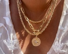 Set Layers Necklace Chunky Necklace Ancient Coin Necklace - Etsy Trombone, Paper Clip Chain Necklace, Compass Pendant, Layered Necklace Set, Layer Necklace, Gold Necklace Set, Gold Necklace Women, Layered Jewelry, Chunky Necklace