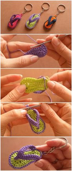 crocheted flip flop keychains are shown in four different colors and sizes