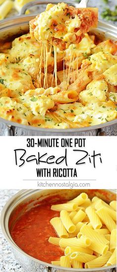 two pictures showing different types of baked pasta in pans with the words 30 - minute one pot baked pizza with ricotta