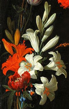 a painting of white and red flowers in a glass vase on a table next to an orange flower