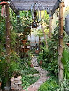 an outdoor garden with lots of greenery and hanging pots on the pergolated walkway