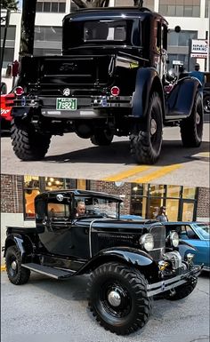 an old black truck is driving down the street