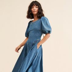 Puff-Sleeve Seamed Denim Dress Denim Dress With Lace Trim, Denim Dress For Wedding Guest, Gathered Sleeve Dress, Picnic Women Outfit, Anthropologie Denim Dress, Front Button Dress Pattern, Denim Dress Long Sleeve, Soft Denim Dress, Modest Denim Dress