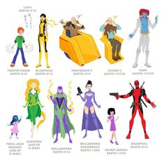 an image of some cartoon characters that are in different positions and sizes, all with their names