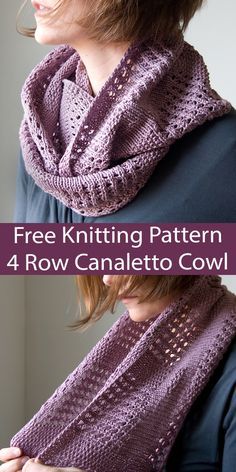 a woman wearing a purple knitted cowl with text that reads free knitting pattern 4 row candelto cowl