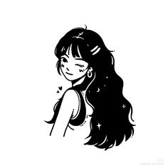 a black and white drawing of a girl with long hair