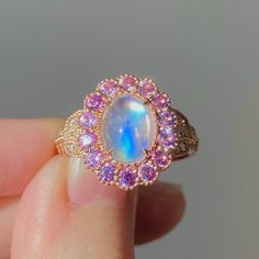 Edwardian Rainbow Moonstone With Pink Sapphire Halo Ring. - Etsy Colorful Sapphire Ring, Rainbow Engagement Ring, Pink Diamond Halo Ring, Pink Rings, Pink Diamonds Engagement, Pink Sapphire Engagement Ring, Colorful Rings, Ethereal Jewelry, Pink Engagement