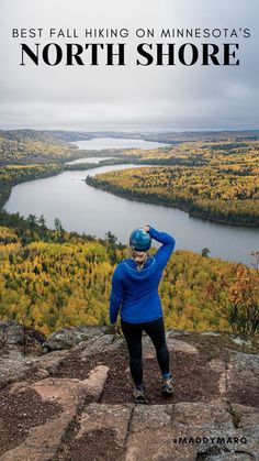 text " best fall hiking on Minnesota's North Shore" over image of a hiker at Rose Lake Cliffs in the BWCA Boundary Waters Canoe Area Wilderness, Boundary Waters Canoe Area, Isle Royale National Park, Minnesota Travel, Grand Marais, Midwest Travel, Northern Minnesota, Thru Hiking