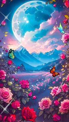 a painting of pink roses and butterflies in front of a full moon with the sky filled with stars