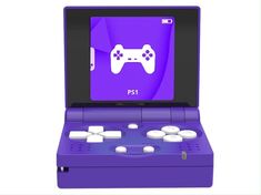 an image of a purple video game system with white buttons on the front and side