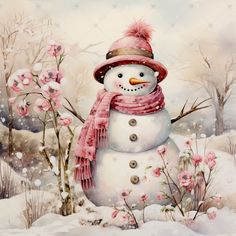 a painting of a snowman wearing a pink hat and scarf with flowers in the background