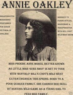 an old newspaper advertisement with a woman wearing a hat on top of her head and the words annie oakley above it