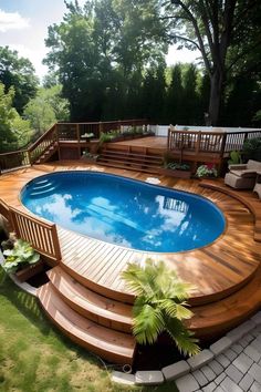 an above ground pool surrounded by wooden steps