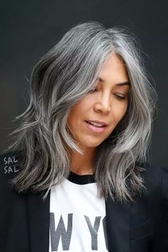 Haircuts For White Hair Older Women, Before And After Bob Hairstyles, Medium Length Hair With Layers No Bangs, Gray Lob Haircut, Gray Hair With Dark Lowlights, Lob With Long Layers, Wash And Wear Haircuts, Grey Brown Hair, Grey Blending