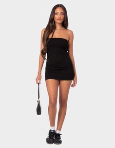 Simple In All The Right Ways, This Strapless Mini Dress Is The Ideal Closet Staple That Can Seamlessly Take You From Day To Night. Mini Dress. Strapless Fit. 95% Cotton, 5% Spandex. Model Wears Size S. Model Height Is 5'7. Item Care: Wash With Similar Color. | Edikted Gemma Strapless Mini Dress Black Strapless Dress Aesthetic, Strapless Black Mini Dress, Strapless Black Dress Outfit, Strapless Mini Dress Outfit, Black Short Bodycon Dress, Black Tube Dress Outfit, Strapless Dress With Jacket, Big Cardigan Outfit, Casual Strapless Dress