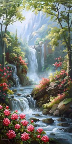 a painting of a waterfall surrounded by pink flowers and greenery in the foreground