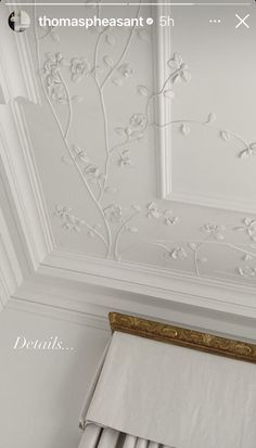 an image of a white room with flowers on the wall and curtains hanging from the ceiling