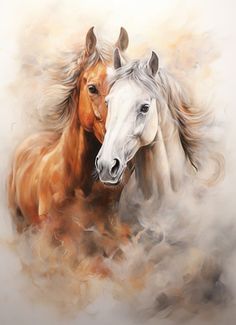 two brown and white horses standing next to each other in front of a light colored background