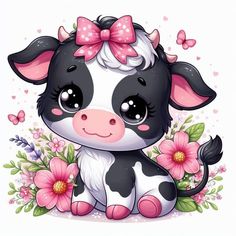 a cute little cow with pink flowers and butterflies