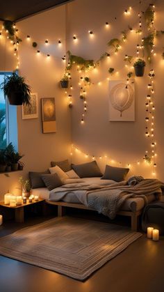 a bedroom with lights strung from the ceiling
