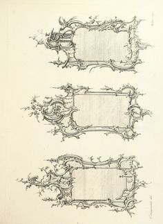 three ornate frames are shown in black ink on white paper, each with an ornamental design