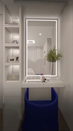 a white bathroom with a blue tub and shelf next to the mirror on the wall