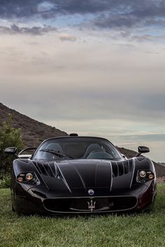 a black sports car parked on top of a lush green field under a cloudy sky