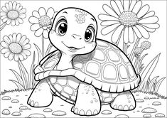 a little turtle with flowers on it's back in front of some daisies