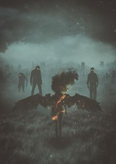 an image of people standing in the grass with fire coming out of their hands and wings