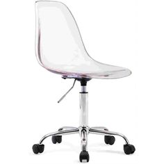 a clear office chair with wheels and casteors on an isolated white background, viewed from the front