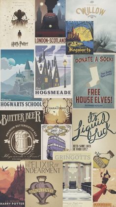 a collage of harry potter posters with hogwart's castle in the background