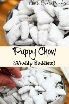 the puppy chow bowl is full of muddy buddies, and it's ready to be eaten