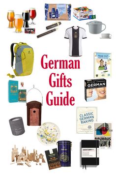 the german gifts guide is displayed with various items including beer, wine glasses and books