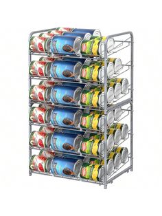 a stack of canned food cans on a metal rack with multiple trays and lids