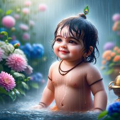 a baby sitting in the water with flowers