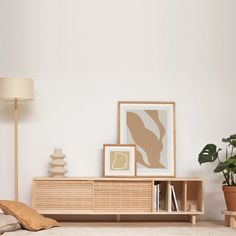 a living room with white walls and furniture