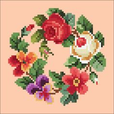 a cross stitch pattern with flowers and leaves in the shape of a letter o on a pink background