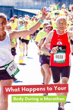 two women running in a marathon with the words what happens to your body during a marathon?