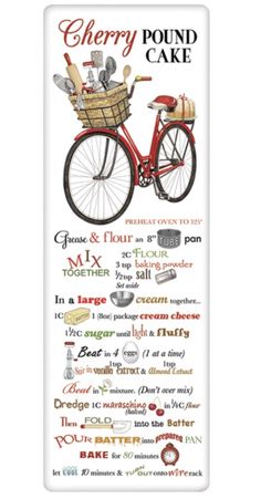 a sign that says cherry pound cake with a bicycle on the front and words below it