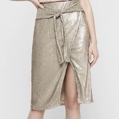 Fun Skirt With Flattering Wrap Style. Attached Tie Belt. Tie Wrap Skirt, Night High, Sequin Midi Skirt, Tie Wrap, Gold Sequin, Tie Belt, Wrap Skirt, Wrap Style, Womens Skirt